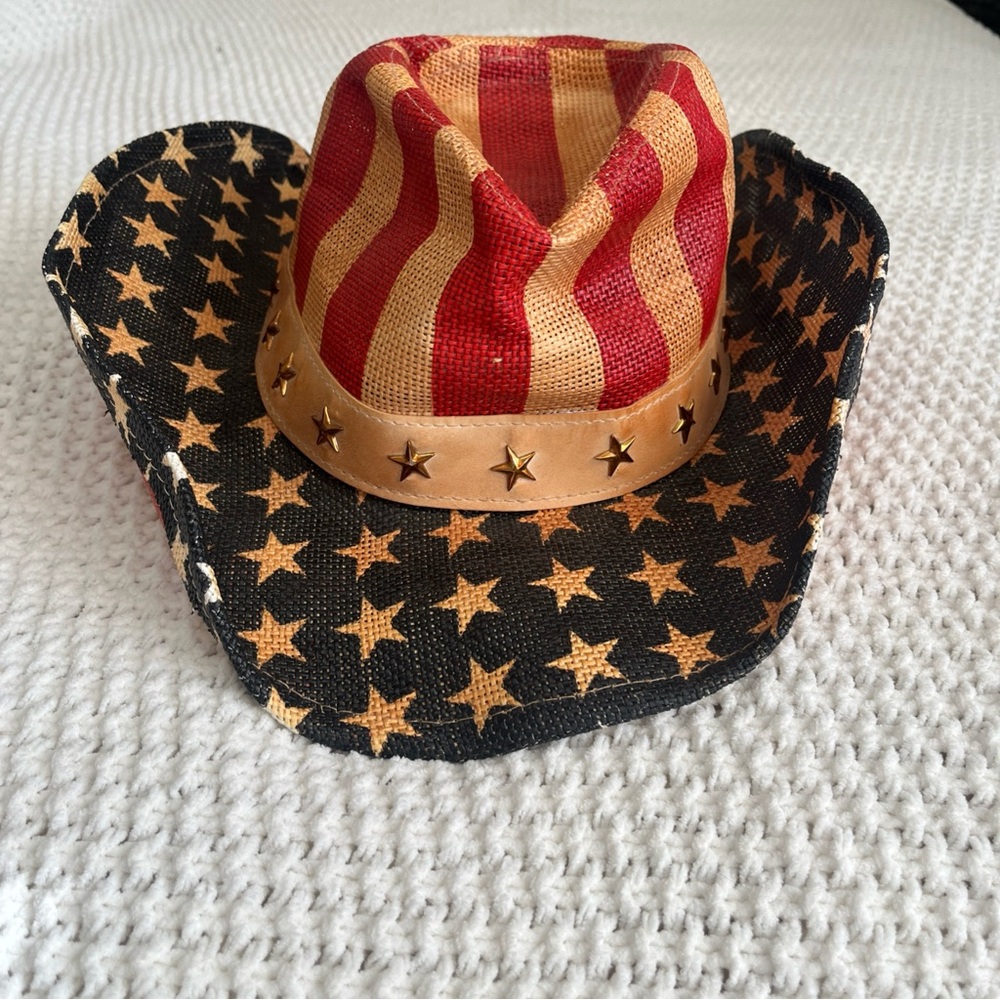 Patriotic Vtg Goldcoast Sunwear Hat Stars and Stripes Cowboy Cow Western Rodeo